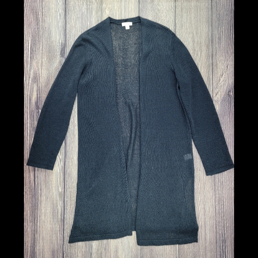 J. Jill Linen Blend Knit Open Front Split Hem Long Cardigan in Navy Blue